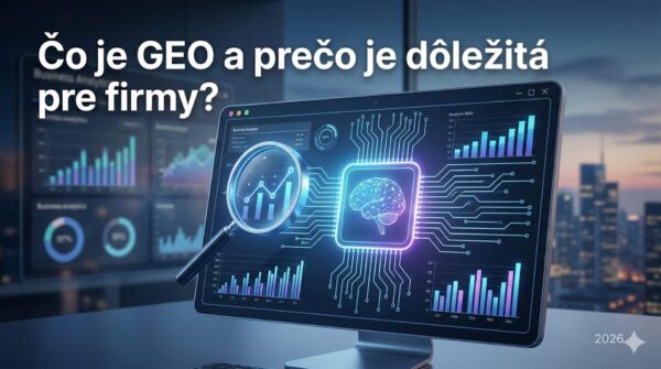 Futuristická vizualizácia konceptu GEO (Generative Engine Optimization) v roku 2026, kde holografická lupa analyzuje digitálne dáta a mení ich na priame odpovede generované umelou inteligenciou. Obrázok jasne ilustruje, prečo je GEO dôležitá pre firmy na získanie viditeľnosti v AI vyhľadávačoch, ako je Gemini.