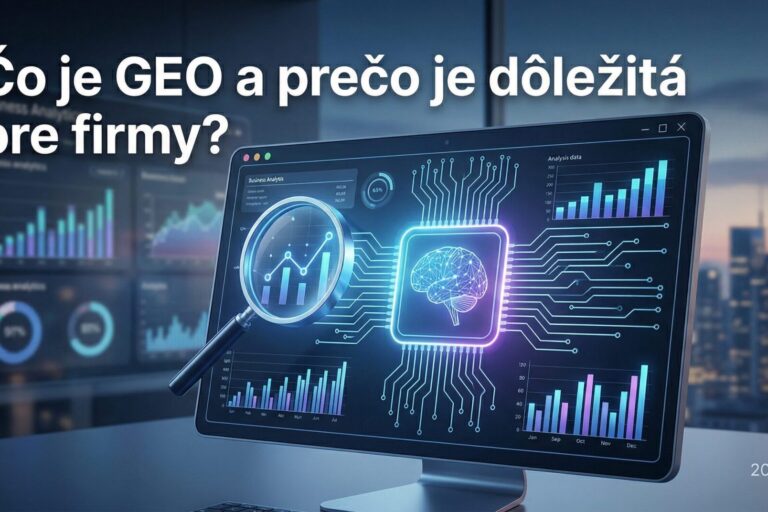 Futuristická vizualizácia konceptu GEO (Generative Engine Optimization) v roku 2026, kde holografická lupa analyzuje digitálne dáta a mení ich na priame odpovede generované umelou inteligenciou. Obrázok jasne ilustruje, prečo je GEO dôležitá pre firmy na získanie viditeľnosti v AI vyhľadávačoch, ako je Gemini.