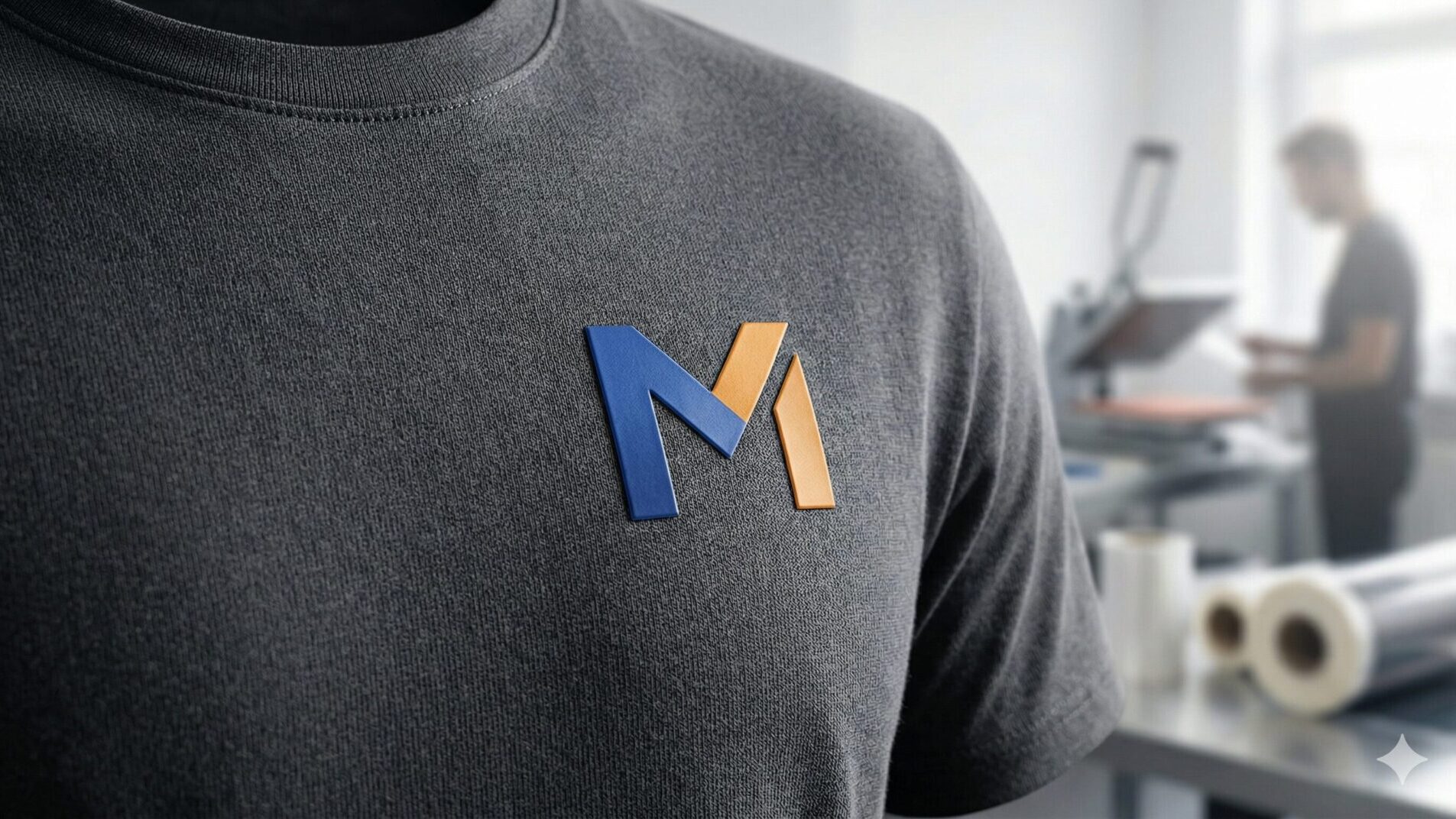 Detailný záber na kvalitné tmavosivé firemné tričko s modernou 3D potlačou loga vyrobenou technológiou DTF v reklamnej agentúre v Michalovciach.