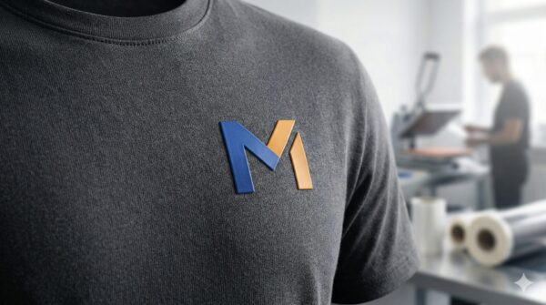 Detailný záber na kvalitné tmavosivé firemné tričko s modernou 3D potlačou loga vyrobenou technológiou DTF v reklamnej agentúre v Michalovciach.