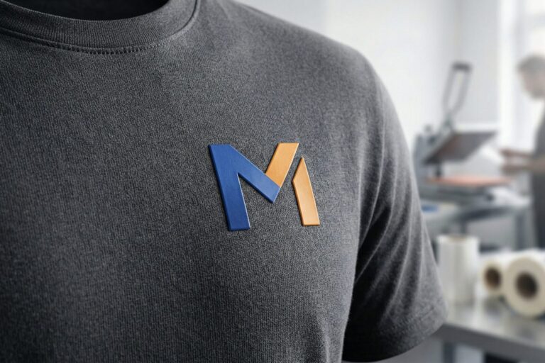 Detailný záber na kvalitné tmavosivé firemné tričko s modernou 3D potlačou loga vyrobenou technológiou DTF v reklamnej agentúre v Michalovciach.