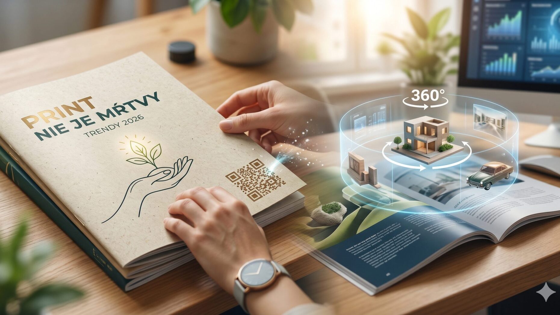 Moderný marketingový katalóg na drevenom stole s prvkami rozšírenej reality, 360° vizualizáciou domu a ekologickým dizajnom na recyklovanom papieri.