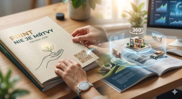 Moderný marketingový katalóg na drevenom stole s prvkami rozšírenej reality, 360° vizualizáciou domu a ekologickým dizajnom na recyklovanom papieri.