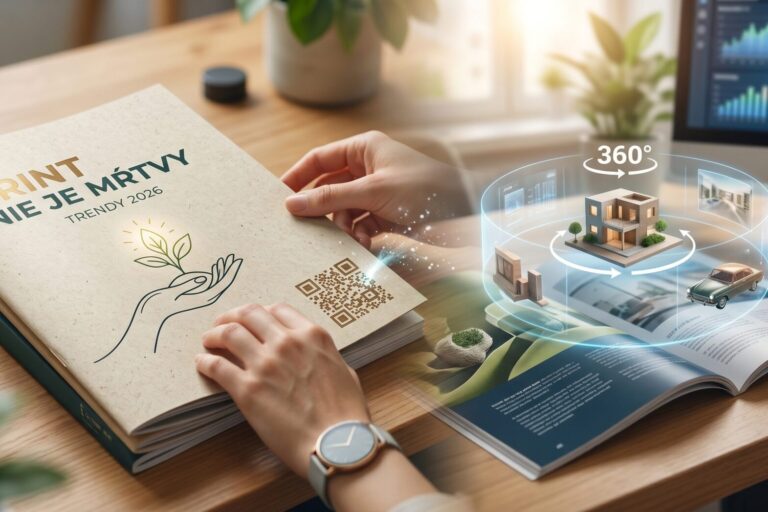 Moderný marketingový katalóg na drevenom stole s prvkami rozšírenej reality, 360° vizualizáciou domu a ekologickým dizajnom na recyklovanom papieri.