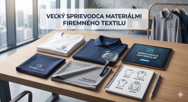Veľký sprievodca materiálmi pre firemný textil – ukážka tričiek, polokošieľ a vzoriek látok na stole
