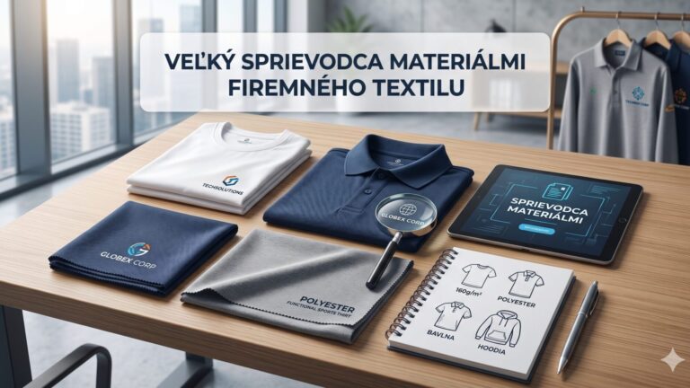 Veľký sprievodca materiálmi pre firemný textil – ukážka tričiek, polokošieľ a vzoriek látok na stole
