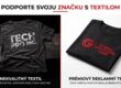 Profesionálny reklamný banner s rozdelenou obrazovkou porovnávajúcou kvalitu textilu. Na ľavej strane s tmavým pozadím je nekvalitný, pokrčený čierny t-shirt s popraskanou bielou potlačou „TECH PRO INC.“ a slovenským textom „NEKVALITNÝ TEXTIL - Popraskaná tlač, pokrčená látka, nízka odolnosť“. Na pravej strane s bielym pozadím je prémiové, dokonale zložené čierne tričko s ostrou červenou výšivkou „GLOBAL SOLUTIONS CORP.“ a slovenským textom „PRÉMIOVÝ REKLAMNÝ TEXTIL - Ostrá výšivka, kvalitná látka, profesionálny vzhľad“. Na vrchu je hlavný nadpis „PODPORTE SVOJU ZNAČKU S TEXTILOM“. Celkový štýl je moderný korporátny v čiernej, bielej a červenej farbe.