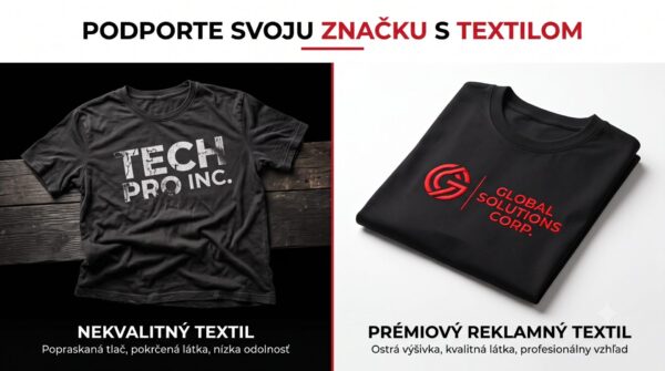 Profesionálny reklamný banner s rozdelenou obrazovkou porovnávajúcou kvalitu textilu. Na ľavej strane s tmavým pozadím je nekvalitný, pokrčený čierny t-shirt s popraskanou bielou potlačou „TECH PRO INC.“ a slovenským textom „NEKVALITNÝ TEXTIL - Popraskaná tlač, pokrčená látka, nízka odolnosť“. Na pravej strane s bielym pozadím je prémiové, dokonale zložené čierne tričko s ostrou červenou výšivkou „GLOBAL SOLUTIONS CORP.“ a slovenským textom „PRÉMIOVÝ REKLAMNÝ TEXTIL - Ostrá výšivka, kvalitná látka, profesionálny vzhľad“. Na vrchu je hlavný nadpis „PODPORTE SVOJU ZNAČKU S TEXTILOM“. Celkový štýl je moderný korporátny v čiernej, bielej a červenej farbe.