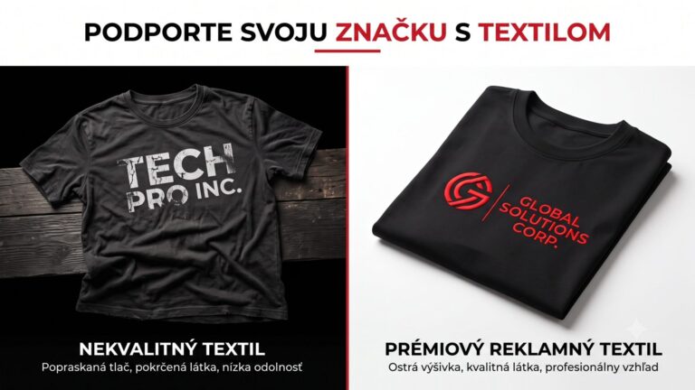 Profesionálny reklamný banner s rozdelenou obrazovkou porovnávajúcou kvalitu textilu. Na ľavej strane s tmavým pozadím je nekvalitný, pokrčený čierny t-shirt s popraskanou bielou potlačou „TECH PRO INC.“ a slovenským textom „NEKVALITNÝ TEXTIL - Popraskaná tlač, pokrčená látka, nízka odolnosť“. Na pravej strane s bielym pozadím je prémiové, dokonale zložené čierne tričko s ostrou červenou výšivkou „GLOBAL SOLUTIONS CORP.“ a slovenským textom „PRÉMIOVÝ REKLAMNÝ TEXTIL - Ostrá výšivka, kvalitná látka, profesionálny vzhľad“. Na vrchu je hlavný nadpis „PODPORTE SVOJU ZNAČKU S TEXTILOM“. Celkový štýl je moderný korporátny v čiernej, bielej a červenej farbe.