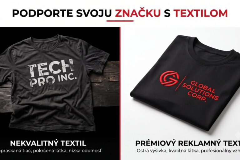 Profesionálny reklamný banner s rozdelenou obrazovkou porovnávajúcou kvalitu textilu. Na ľavej strane s tmavým pozadím je nekvalitný, pokrčený čierny t-shirt s popraskanou bielou potlačou „TECH PRO INC.“ a slovenským textom „NEKVALITNÝ TEXTIL - Popraskaná tlač, pokrčená látka, nízka odolnosť“. Na pravej strane s bielym pozadím je prémiové, dokonale zložené čierne tričko s ostrou červenou výšivkou „GLOBAL SOLUTIONS CORP.“ a slovenským textom „PRÉMIOVÝ REKLAMNÝ TEXTIL - Ostrá výšivka, kvalitná látka, profesionálny vzhľad“. Na vrchu je hlavný nadpis „PODPORTE SVOJU ZNAČKU S TEXTILOM“. Celkový štýl je moderný korporátny v čiernej, bielej a červenej farbe.