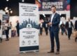 Moderný rollup banner a hliníková konštrukcia pripravená na firemnú prezentáciu a konferenciu.