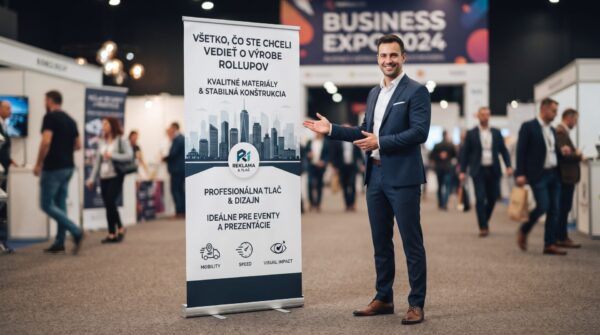 Moderný rollup banner a hliníková konštrukcia pripravená na firemnú prezentáciu a konferenciu.
