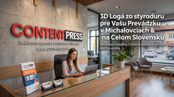 3D logo zo styroduru na stene modernej recepcie reklamnej agentúry ContentPress so sídlom v Michalovciach. Výroba 3D reklamy pre slovenské firmy.