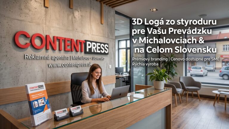 3D logo zo styroduru na stene modernej recepcie reklamnej agentúry ContentPress so sídlom v Michalovciach. Výroba 3D reklamy pre slovenské firmy.