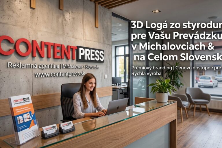 3D logo zo styroduru na stene modernej recepcie reklamnej agentúry ContentPress so sídlom v Michalovciach. Výroba 3D reklamy pre slovenské firmy.
